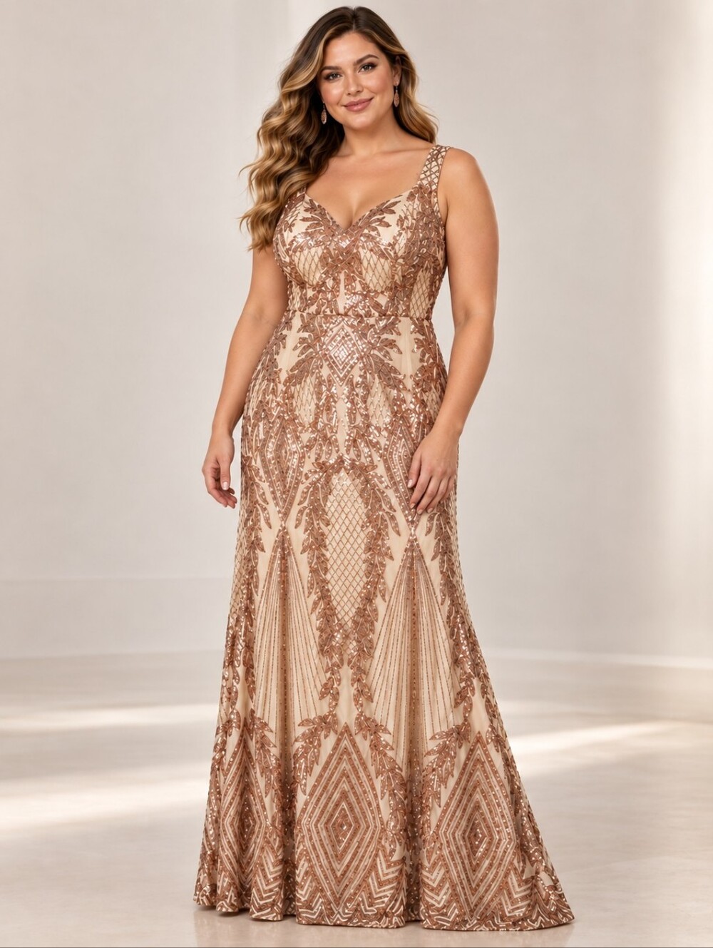 Fineriesty Size 2xl Rose Gold Sequin Art Deco Formal Maxi Gown NWT